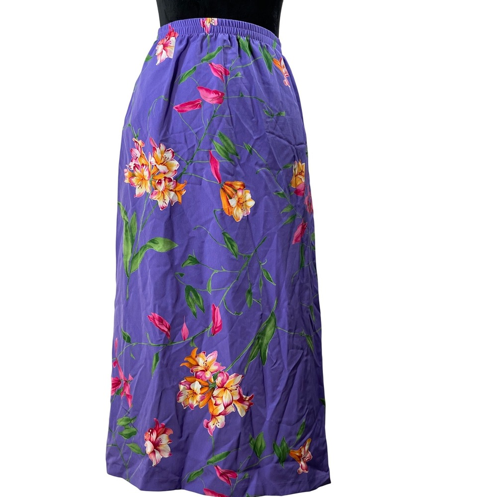Susan Graver Style Purple Floral Maxi Skirt 1X Elastic Waist Pockets lily flowy